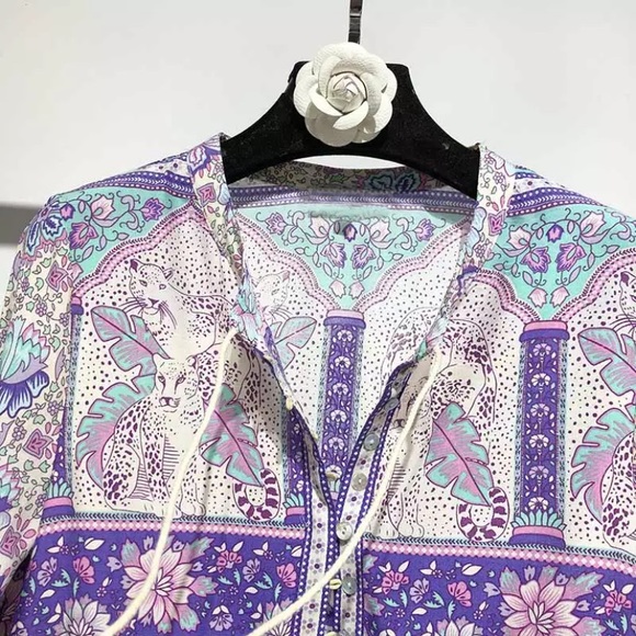 Boho Floral & Leopard Purple Button Neck Blouse - Picture 2 of 6